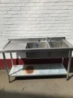 Vogue Stainless Steel Commercial Double Sink with Lever Tap. Single Left Hand Drainer & Galvanized Shelf Under, Size H90cm x W150cm x D60cm
