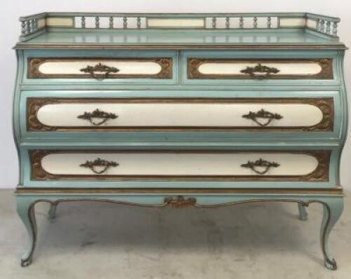 Reproduction Bombe Style Front 4 Drawer Sideboard (2 x Wide Drawers & 2 x Single Drawers). Painted Duckegg Blue with Cream & Gold Plated Trim, Brass Inserts to Front. Size H78cm x W110cm x D36cm