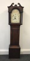 Antique Oak Tall Case Grandfather Clock. NOTE: Appears to have early inscribed dates of service but requires restoration.
