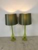 Pair of Matching Green Glass Stem Table Lamps with Green Shades