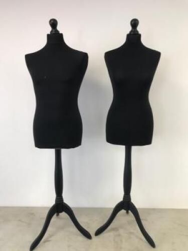 Male & Female Black Torso Mannequins on Black Wood Stand