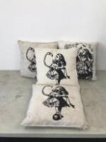 4 x Canvas Material Covered Cushions with 'Alice In Wonderland' Images (As Viewed)