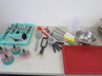 Qty of Kitchen Utensils, Knives, Strainers, Trainers, Jugs (As Viewed)