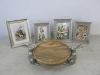 4 x Small Framed Alice in Wonderland Pictures & Wood Fruit Stand with Rabbit Supports