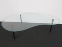Kidney Shaped Glass Coffee Table on Black Metal Legs and Chrome Caps. Size H24cm x W84cm x D60cm