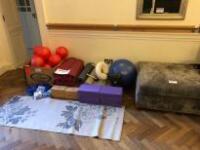 Quantity of Yoga Equipment to Include: 19 x Yoga Mats, 12 x Yoga Blocks, Quantity of New & Used Resistance Bands, 15 x Yoga Balls, 1 x Fitness Ball & 1 x Foam Roller (As Pictured/Viewed)