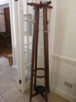 4 Leg Dark Wood, Coat & Umbrella Stand with Brass Hooks. Size (H) 183cm