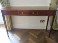 Wood Veneered Break Front Console Table with Single Drawer & Brass Handles. Size (H) 83cm x (W) 130cm x (D) 41cm