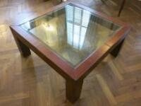 Michael D'Souza Mufti Square Leg Glass Coffee Table with Leather Legs. Size (H) 41cm x (W) 90cm x (D) 90cm
