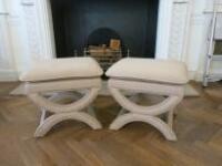 Pair of Chairs Ltd, Beige Upholstered Studded Stalls with Fabric Covered Legs. Size H57cm x W57 x 46cm