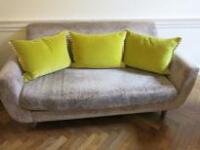 Mottled Grey Fabric Upholstered 2 Seater Sofa with 3 Designer Guild Green Scatter Cushions. Size H83cm x W170cm x D84cm