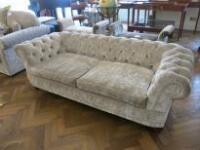 3 Seater Chesterfield Style Sofa Upholstered in Light Brown Crushed Velour with Feather Filled Cushions & 4 Voyage Maison Patterned Scatter Cushions. Size H70cm x W220cm x D90cm