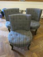 3 x Grey Tartan Patterned Upholstered Button Back Club Chairs with Studded Detail on Wood Legs. Size H78cm