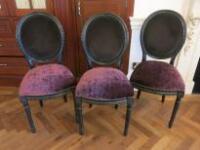 3 x Black Carved Wood Chairs with Purple Crushed Velour Padded Seat, Black Velvet Padded Back with Silver Stud Detail. H97cm