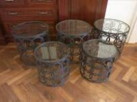 5 x Round Patterned Metal Framed Side Table with Glass Top. Size H49cm x D50cm & H40cm x D40cm