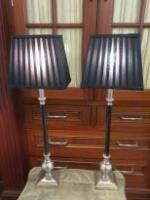Pair of Silver Coloured & Black Shade Candle Stick Side Lamps. Size H67cm