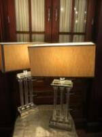 Pair of Triple Column Side Lamps in Brass/Perspex/Chrome with Light Brown Shade. H65cm