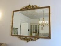 Very Large Gold Gilt Bevel Edged Mirror with 2 Wood Wall Sconces. Size H133cm x W197cm