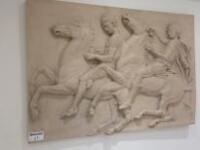 Stone Effect Moulded Frieze of 2 Men on Horseback. Size H103cm x W145cm