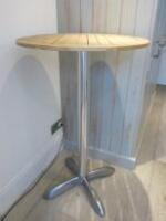 High Top Hard Wood Outdoor Bar Table on Metal Base. Size H110cm x D70cm