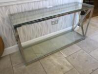 Polished Metal Framed Console Table with Glass Top & Glass Shelf Under. Size H70cm x W130cm x D40cm