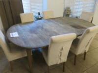 Large 3.5m Extending Wooden Dining Room Table with 6 Leaves & 6 High Back Dining Chairs with Covers. Size H80cm x W135cm x L230cm (with 3 Leaves Fitted) & 3 Additional Leaves