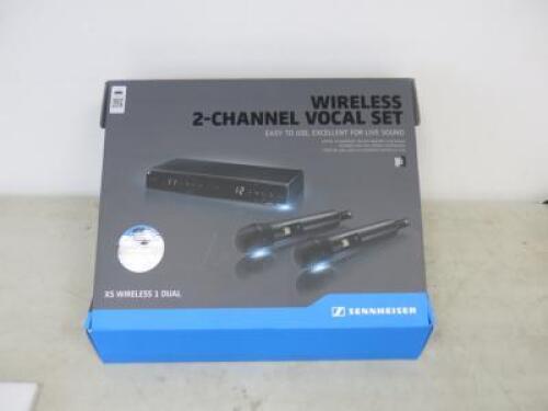 Sennheiser Wireless 2-Channel Vocal Set to Include: 1 x Receiver, Model Dual EM-XSW1, 2 x Handheld Transmitter, Model SKM-XSW. Comes with Power Lead & 2 x Microphone Attachments In original Box.