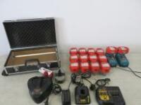 Assorted Lot of Battery Chargers & Batteries to Include: 2 x Makita DC1804T Battery Chargers, 14 x Makita 18v 1.3A Power Tool Batteries, 2 x Bosch Battery Chargers & 2 x DeWalt Battery Chargers in Carry Case