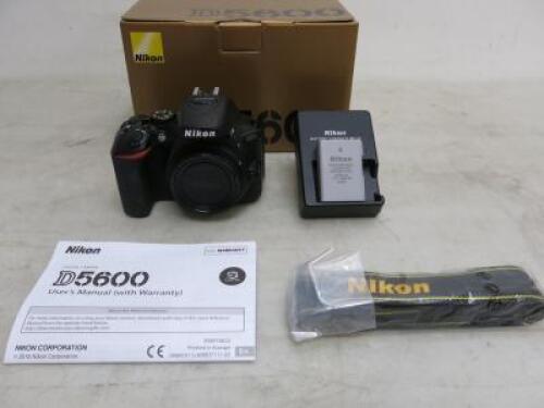 Nikon D5600 DSLR Camera (Body Only) in Black, S/n 6100950. Comes with MH-24 Battery Charger, Rechargeable Lithium Ion Battery Pack, Body Cap, Camera Strap, User Manual & Original Box