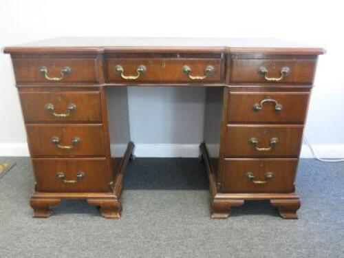 A George III Style, Mahogany Inverted Breakfront Double Pedestal Kneehole Desk