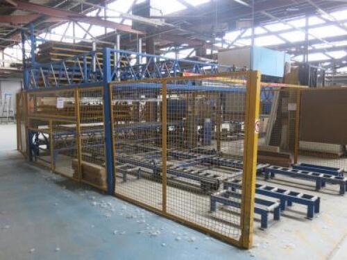 Structural Insulated Panel (SIP) Laminating Bonding Line by Laminating Technology Type 2KAS, S/N RFB-6058, Year 2003.Complete Line with Pick & Place Pallet Loader, Motorised & Manual Rollers feedswith Quantity of Yellow Steel Pallets.Total Line Measures 9