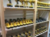 Large Lot Consisting of DeWalt Drills, Batteries & Chargers to Include: 13 x DC721 Drills, 10 Other Drills, 1 x DW059 Impact Driver, 53 Batteries & 32 Chargers (As viewed, some for spares).