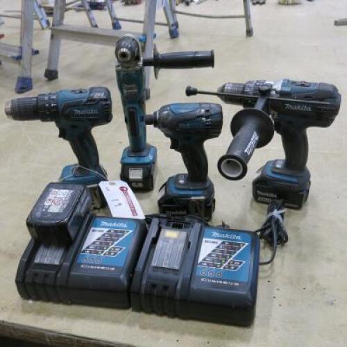 4 x Makita Cordless Power Tools, Consisting of Angle Drill, Screw Driver, Impact Driver & Drill with 2 x Battery Chargers and 5 x 18v Batteries (3 x 3ah & 2 x 5ah)