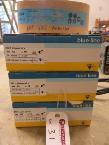 3 x Boxes of Blue Line Sanding Belts (60, 80, 100 Grit) and 1 Roll of Cora Belts