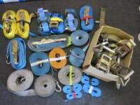 9 x Assorted Ratchet Strops, 6 x Rolls of Ratchet Strop, Box of Assorted Used Ratchets & 4 x Rolls of Stropping