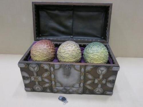 GAME OF THRONES MEMORABILIA - Dragon Eggs from TV Series "Game of Thrones" in Chest with Animated Moving Eggs, Controlled by Remote Control Key-Fob Activation System. LOT UPDATE: Commissioned by HBO's PR & Event Team to promote the show. These are believe