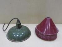 Enameled Green Pendant Light (28cm Dia) & 14 Metal Maroon Cone Shades (25cm Dia)