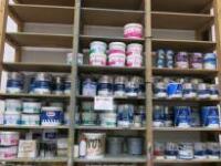 Large Quantity of Assorted Paints to Include: 25 x 5 Litre Cans of Dulux Emulsion, 10 x 2.5 Litre Cans of Dulux Emulsion, Approx 30 x Other Cans of Bristol Paints. Mixed Colours to Include Glitter and Fluorescent Coloured (As Viewed)