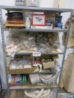 Rack Containing 5 Shelves of Craft Related Stock Including Chalks, Playdoh, Rings, Bails of Paper Rope, Adhesives, Swarovski Crystals, Clear Beads, Rolls of Window Leading & More (As Viewed)