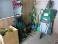 Selection of Gardening Equipment to Include: Qualcast T35 Electric Rotary Mower, Ryobi Leaf Blower, B&D GK1640T Electric Chainsaw, 2 x Wheelbarrows, 3 x Water Hoses/Reels, 3 x Shears, 2 x Weed Pumps & 7 x Assorted Garden Tools (Rake, Spade, Fork & Saw (As