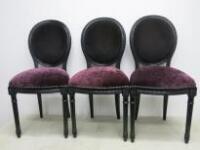 3 x Ebony Effect Dining Chairs, Upholstered in Purple & Black Velour