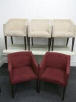5 x Upholstered Armchairs on Wood Legs (3 x Cream & 2 x Dark Red). NOTE: requires cleaning