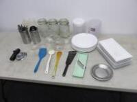 Qty of Kitchen Accessories to Include: 3 x Kilner Jars, 5 x Glass Storage Jars, 2 x Plastic Jugs, Qty of Knives, Forks & Spoons, 7 x White Serving Dishes, 10 x White Dinner Plates & Qty of Utensils (As viewed)