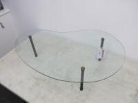 Kidney Shaped Glass Coffee Table on Black Metal Legs & Chrome Caps. Size H24cm x W84cm x D60cm