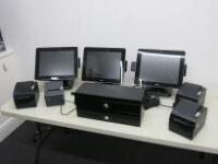 Epos System to Include: 3 x NCR 15" Touchscreen Terminals, Model 7761-3042-8800. Running Windows Embedded, Intel Celeron CPU N3160 @ 1.6Ghz, 4GB Ram, 47.7GB HDD. Comes with 3 x SNBC Receipt Printers & 1 x Epson & 2 x Till Drawers with Associated Leads. NO