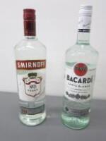 1 x Smirnoff Vodka & 1 Bottle of Bacardi White Rum, 1lt
