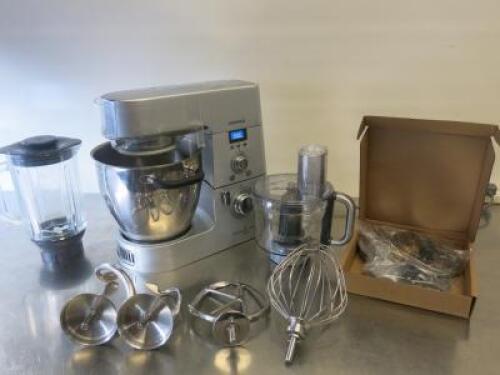 Kenwood Chef/Major Mixer, Model KM080. Comes with 4 x Mixing Attachments, Glass Blender, Food Mixer 6 x New Boxed Slicing/Grating & Chopping Blades