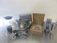 Kenwood Chef Elite Mixer, Model KVC51. Comes with Guard, 3 Mixing Attachments, Glass Blender, Food Mixer & 6 x New Boxed Slicing/Grating & Chopping Blades