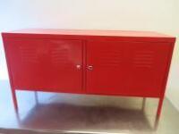 Red Metal 2 Door Cabinet with Shelf Inside. Size H63cm x W118cm x D40cm. NOTE: Requires Lock