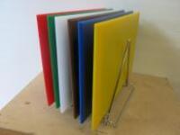 Set of 6 Coloured Chopping Boards on Stand. Size 46cm x 31cm